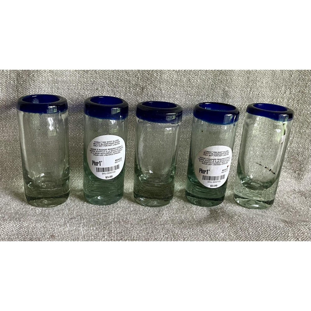 Pier 1 Cobalt Blue Rim Mouth Blown Shot Glasses Set of 5 Mexico 2240103